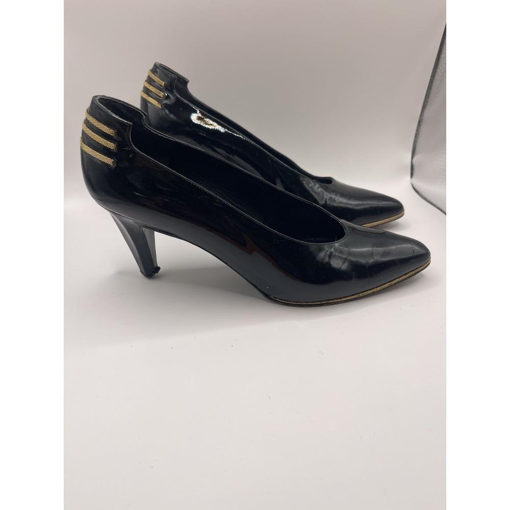 Stuart Weitzman Women's Patent Leather Pumps Shoes Black And Gold Size 7 Bin E